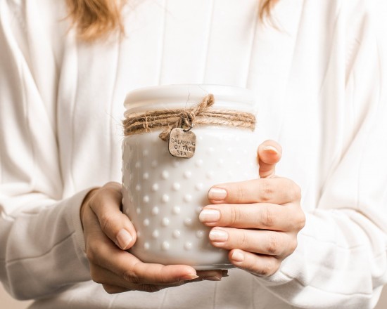 White vintage hobnail candle with stamped pendant 2